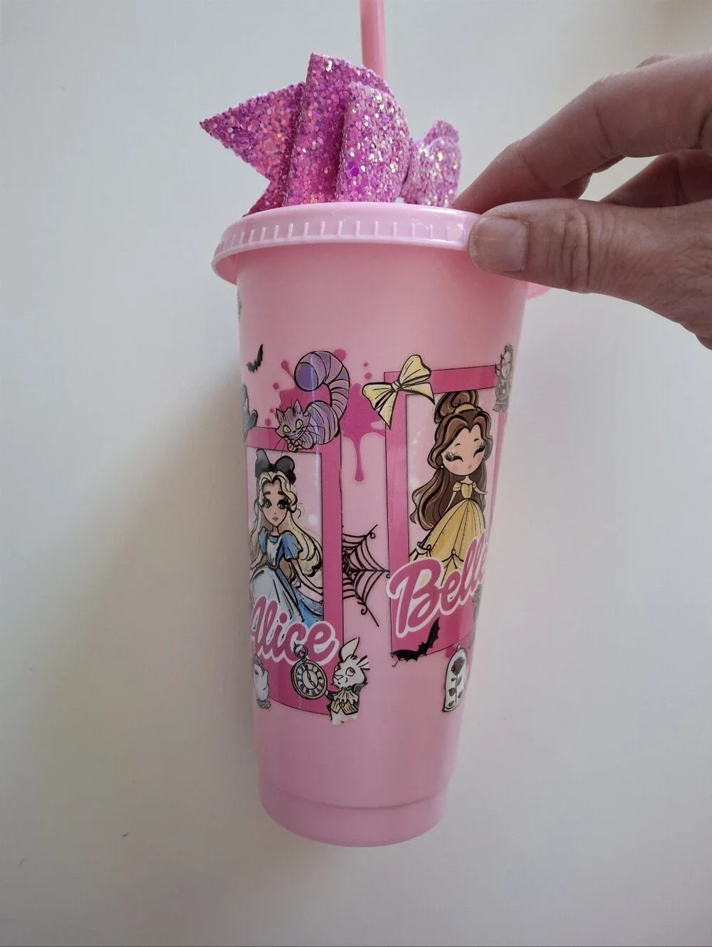 Disney Princess pink tumbler cup with glitter bow new wonderland